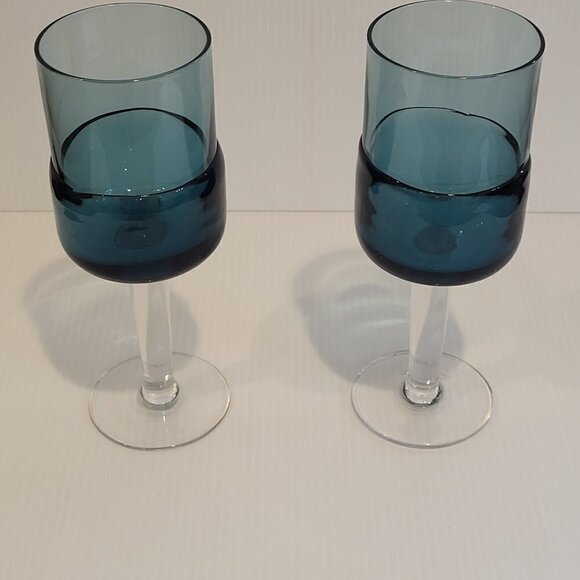 Pier 1 Goblet Blue Water 12 Oz Double Dip Mouth Blown MCM Style Wine Glass Pair - Picture 2 of 12